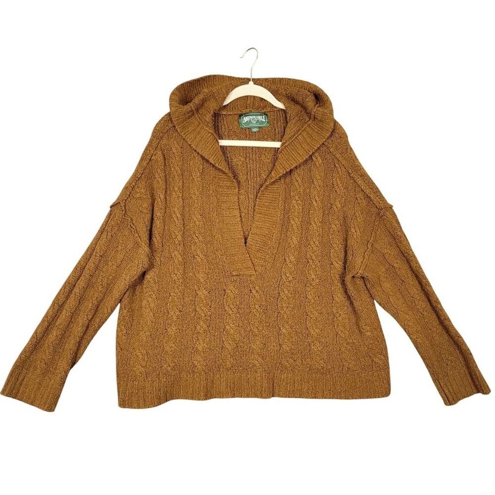 AMERICAN EAGLE Brown Chunky Cable Knit Hooded Pullover Sweater SIZE LARGE